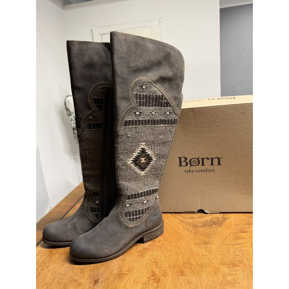NIB Women’s Born 7.5 Gray Lucero Tall Blanket Boots Leather Over The Knee - Picture 2 of 9